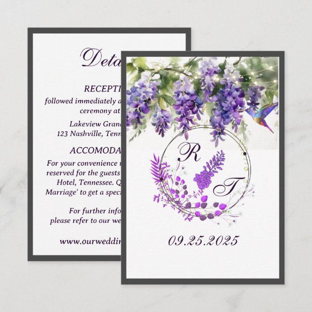Recepción Tarjeta de Boda con temas de glicinia morada (Anverso / Reverso)