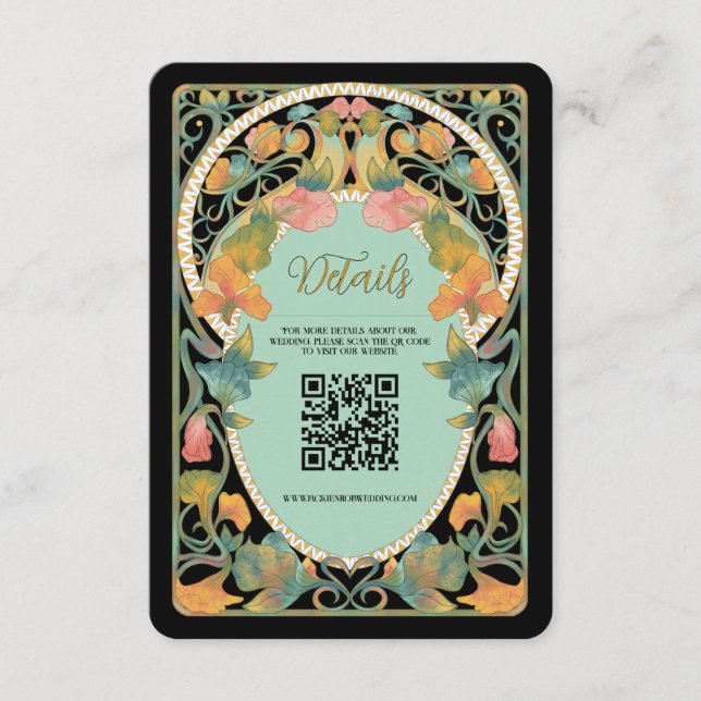 Recepción Tarjeta de Boda de código QR de Art Nouveau negro (Anverso)