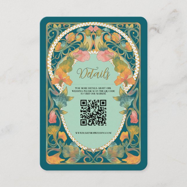 Recepción Tarjeta de Boda de código QR de Art Nouveau verde  (Anverso)