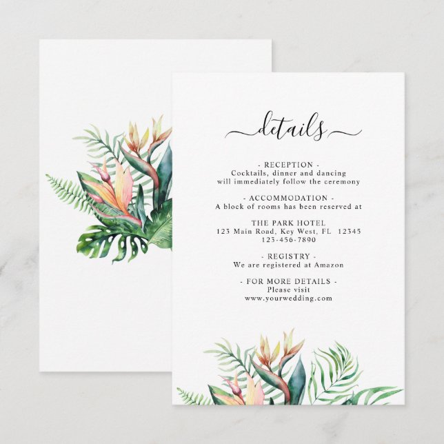 Recepción Tarjeta de Boda de detalles de flores tropicales (Anverso / Reverso)