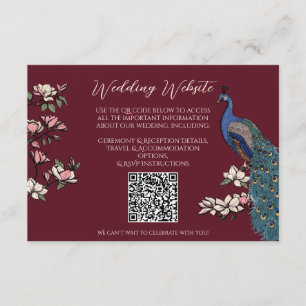 Recepción Tarjeta de boda de pavo real de Borgoña dibujada a