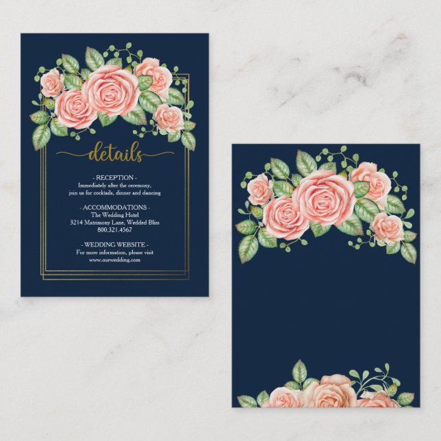 Recepción Tarjeta de Boda floral Navy Blue Gold Rubor (Anverso / Reverso)