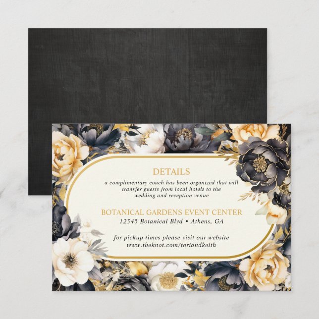 Recepción Tarjeta de Boda Peonies Black White & Gold (Anverso / Reverso)