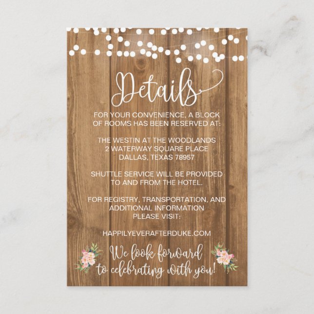 Recepción Tarjeta de Boda Rústico-Rosa Floral y Madera (Anverso)