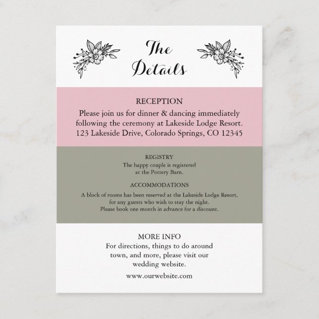 Recepción Tarjeta de Boda verde Rubor Pink Dusty Sage (Anverso)
