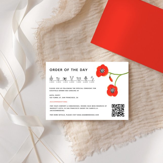 Recepción Tarjeta de cierre de línea de tiempo moderna de Bo (Flower Red poppies Wedding Timeline Enclosure card)
