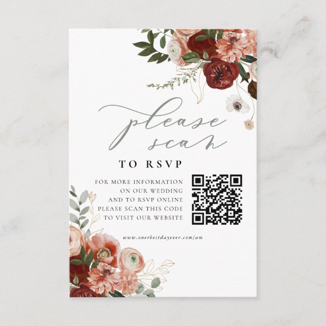 Recepción Tarjeta de cierre de sitio web boda Código QR RSVP (Anverso)