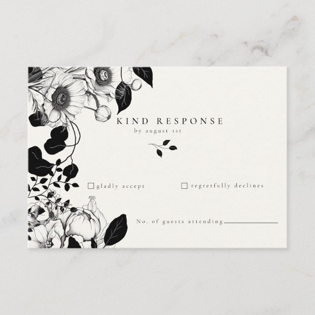 Recepción Tarjeta de confirmación de boda floral negra (Anverso)