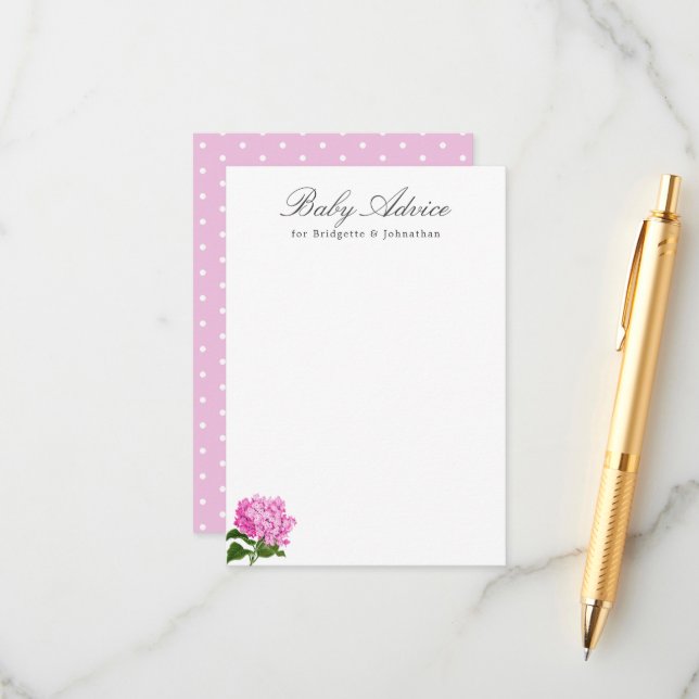 Recepción Tarjeta de consejo para bebés rosa Hydrangea (Anverso/Reverso In Situ)