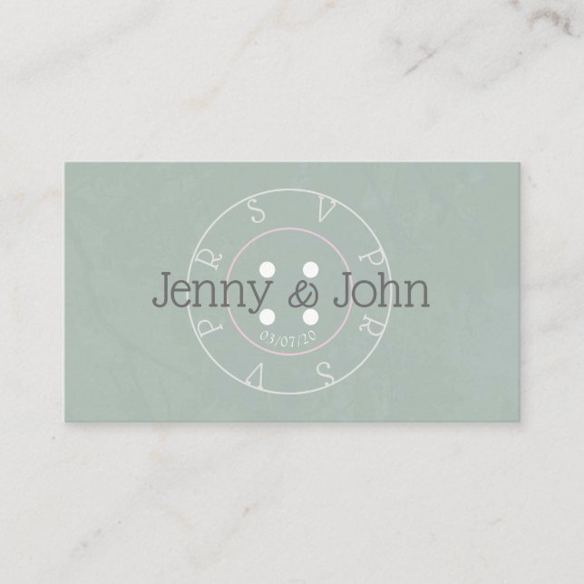 Recepción Tarjeta de costura de botón verde y rosa RSVP (Anverso)