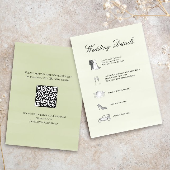 Recepción Tarjeta de Cronología con Código QR de Detalles de (Elegant sage green wedding details card with timeline layout and soft calligraphy script)