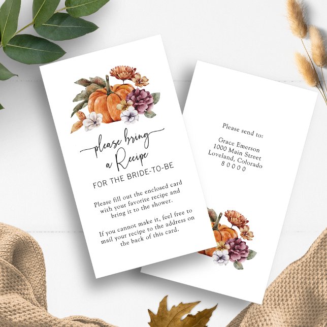 Recepción Tarjeta de Desayuno de Otoño para Fiesta de Desped (Bring a Recipe Enclosure Card Bridal Shower Fall In Love Pumpkins Floral by Painted Paperie)