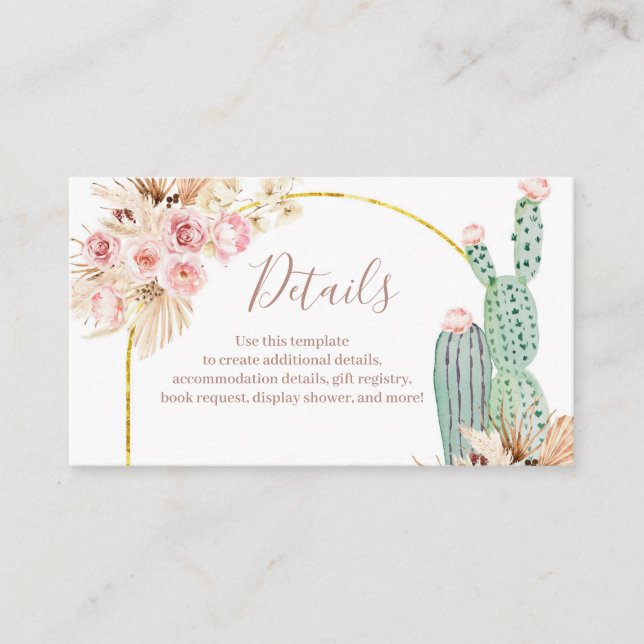 Recepción Tarjeta de detalle Boho Cactus Flores rosas Grasa  (Anverso)