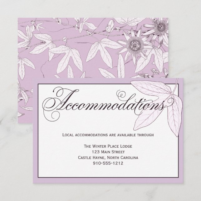 Recepción Tarjeta de detalle de alojamiento Boda Purple Leav (Anverso / Reverso)