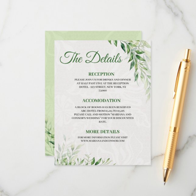 Recepción Tarjeta de detalle de boda botánica verde (Anverso/Reverso In Situ)