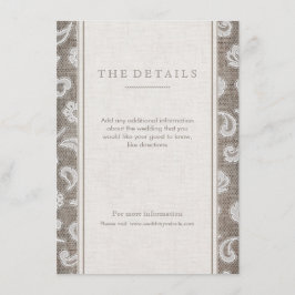 Recepción Tarjeta de detalle de bodas rústica de encaje y ar