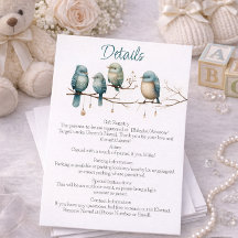 Tarjeta de detalles de baby shower tema de pájaros