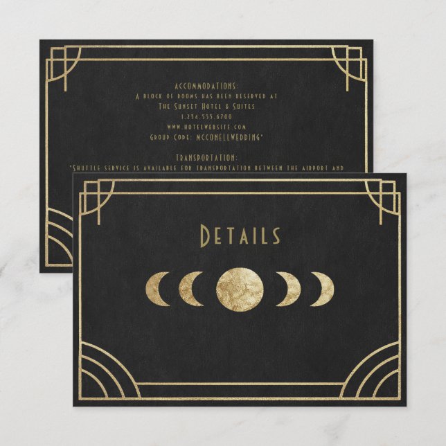 Recepción Tarjeta de detalles de boda art déco celestial (Anverso / Reverso)