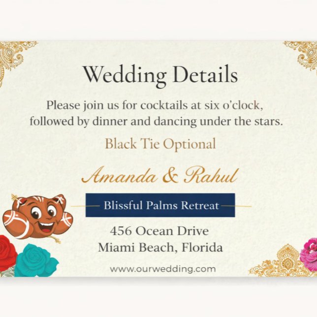 Recepción Tarjeta de detalles de boda boho | Chic Floral Lux (Elegant Gold Floral Wedding Details Card — Romantic design for luxury and destination celebrations)