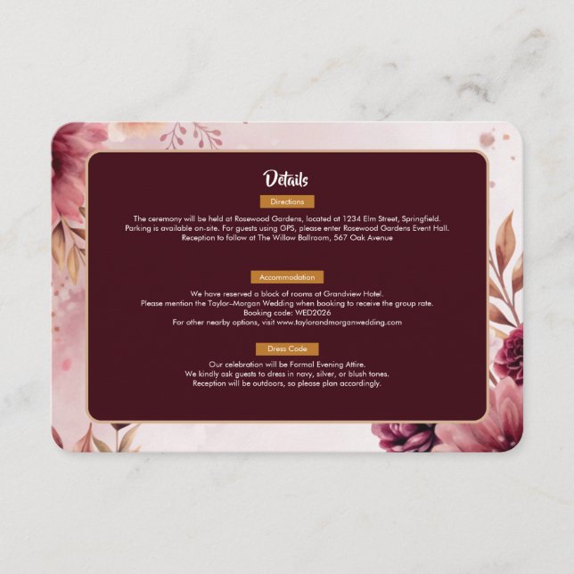 Recepción Tarjeta de Detalles de Boda Boho Dreams con Flores (Anverso)