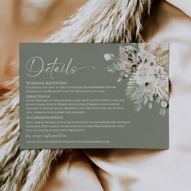 Recepción Tarjeta de Detalles de Boda Boho Sage Pampas (Boho Sage Green Pampas Wedding Details Enclosure Card)