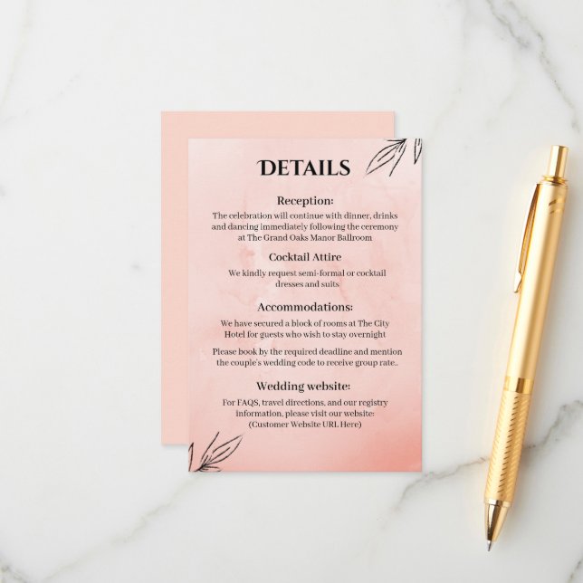 Recepción Tarjeta de Detalles de Boda Botánicos de Melocotón (Anverso/Reverso In Situ)