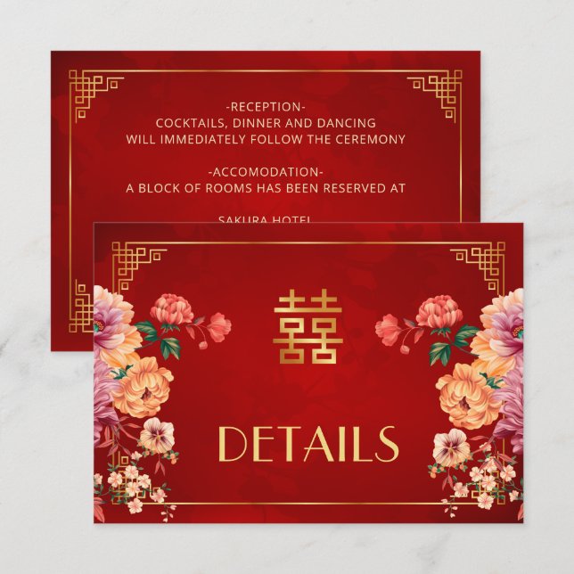 Recepción Tarjeta de Detalles de Boda China Roja (Anverso / Reverso)