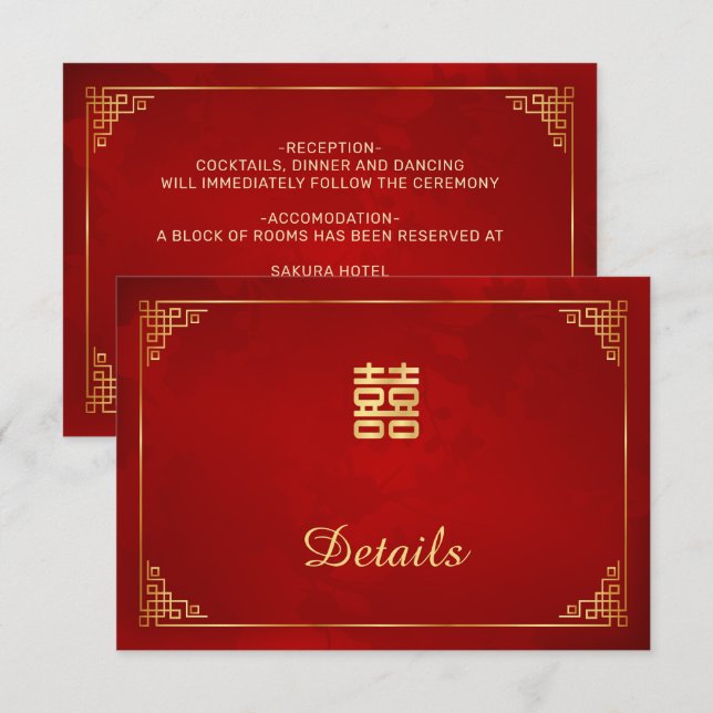 Recepción Tarjeta de Detalles de Boda China Roja (Anverso / Reverso)