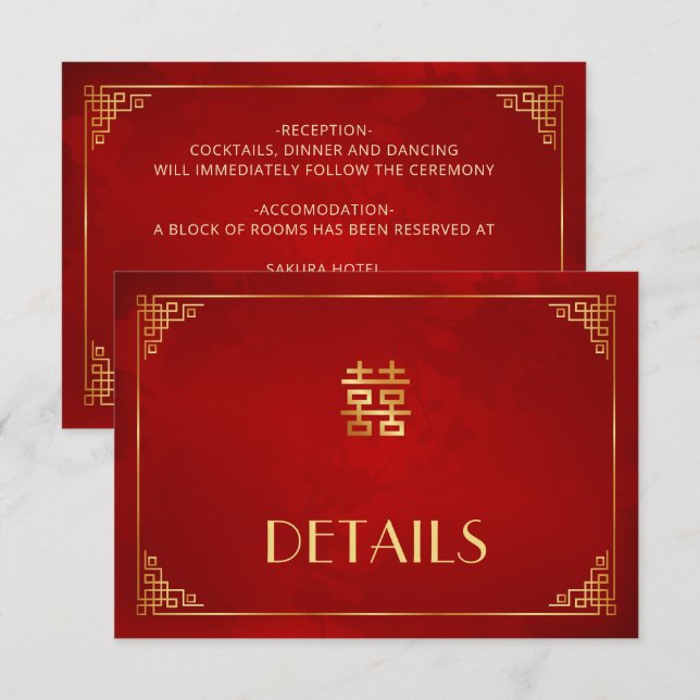 Recepción Tarjeta de Detalles de Boda China Roja (Anverso / Reverso)