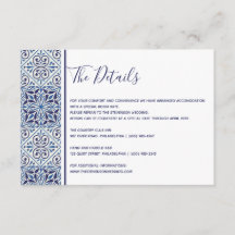 Tarjeta de detalles de boda con azulejos azules