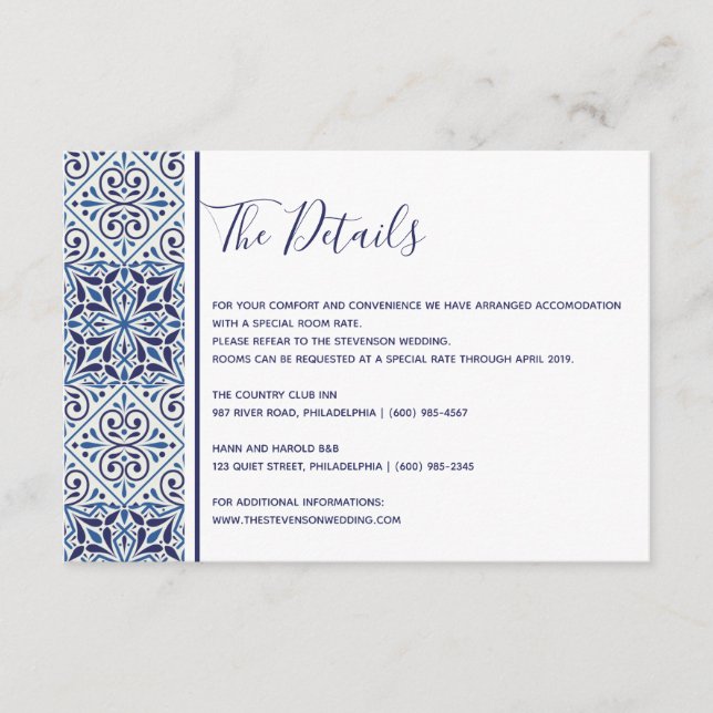 Recepción Tarjeta de detalles de boda con azulejos azules (Anverso)