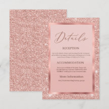 Tarjeta de detalles de boda con brillo en rosa oro