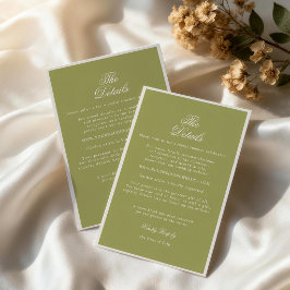 Recepción Tarjeta de detalles de boda con caligrafía en verd