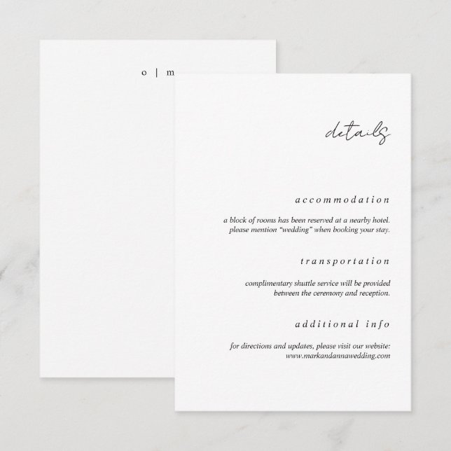 Recepción Tarjeta de Detalles de Boda con Caligrafía Minimal (Anverso / Reverso)