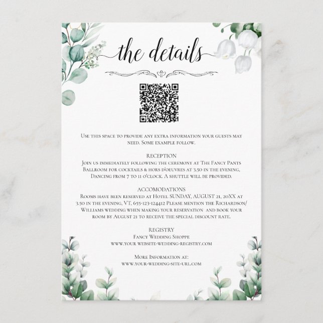 Recepción Tarjeta de Detalles de Boda con Código QR (Anverso)