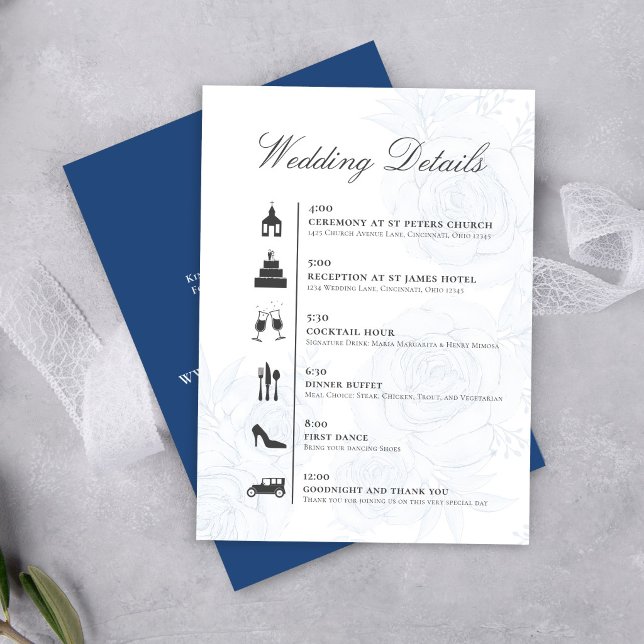 Recepción Tarjeta de Detalles de Boda con Código QR Azul Cro (Elegant floral wedding details card with calligraphy script and clear timeline layout.)