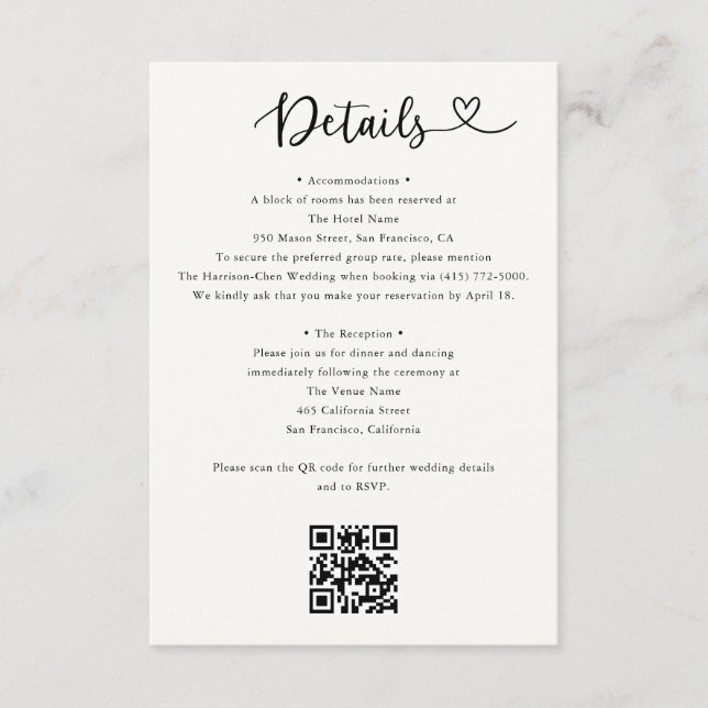 Recepción Tarjeta de Detalles de Boda con Código QR RSVP (Anverso)