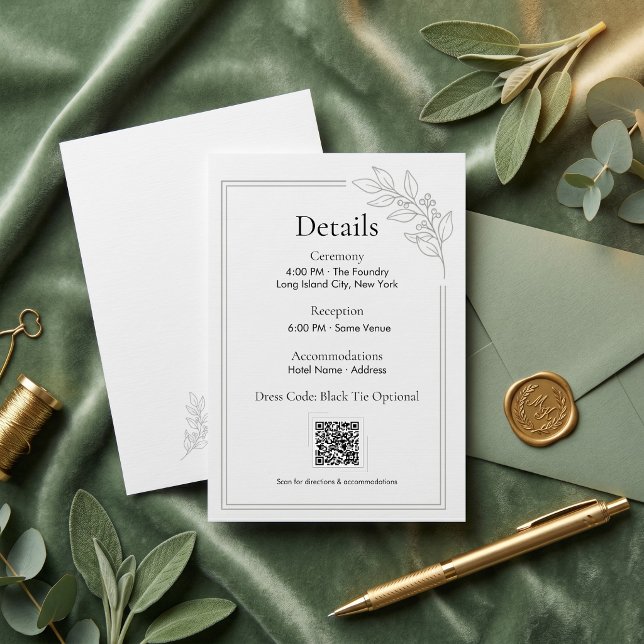 Recepción Tarjeta de Detalles de Boda con Código QR Verde Sa (Sage Green QR Code Wedding Details Enclosure Card)