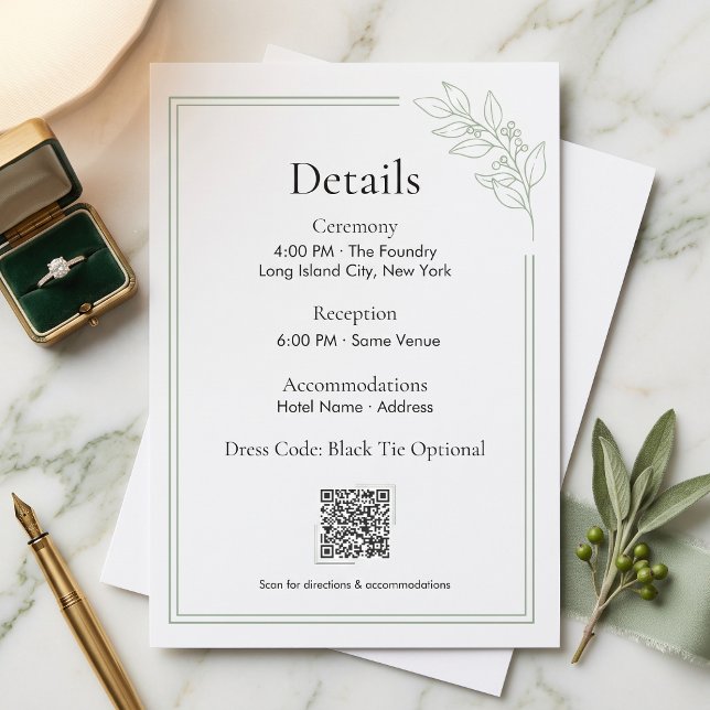 Recepción Tarjeta de detalles de boda con código QR verde sa (Sage Green QR Code Wedding Details Enclosure Card)