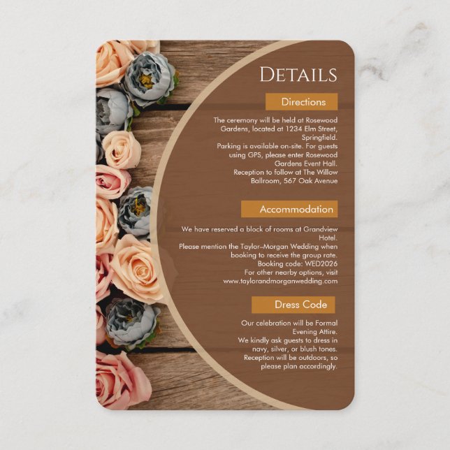 Recepción Tarjeta de Detalles de Boda con Encanto Rústico (Anverso)