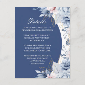 Recepción Tarjeta de Detalles de Boda con Flores Azules Polv