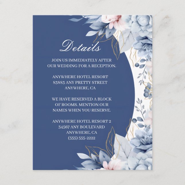 Recepción Tarjeta de Detalles de Boda con Flores Azules Polv (Anverso)