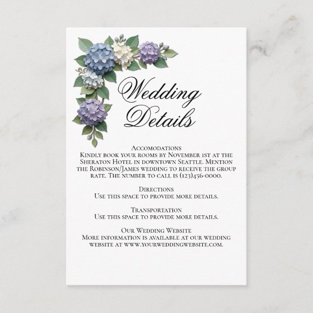 Recepción Tarjeta de Detalles de Boda con Flores de Hortensi (Anverso)