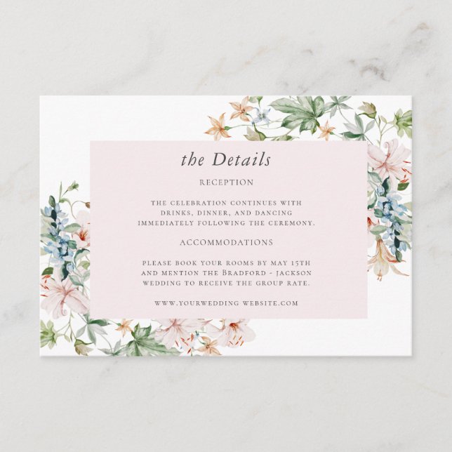 Recepción Tarjeta de detalles de boda con flores rosadas (Anverso)