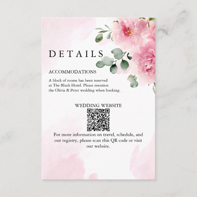 Recepción Tarjeta de Detalles de Boda con Flores Rosadas Rom (Anverso)