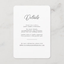 Tarjeta de detalles de boda con guión blanco negro