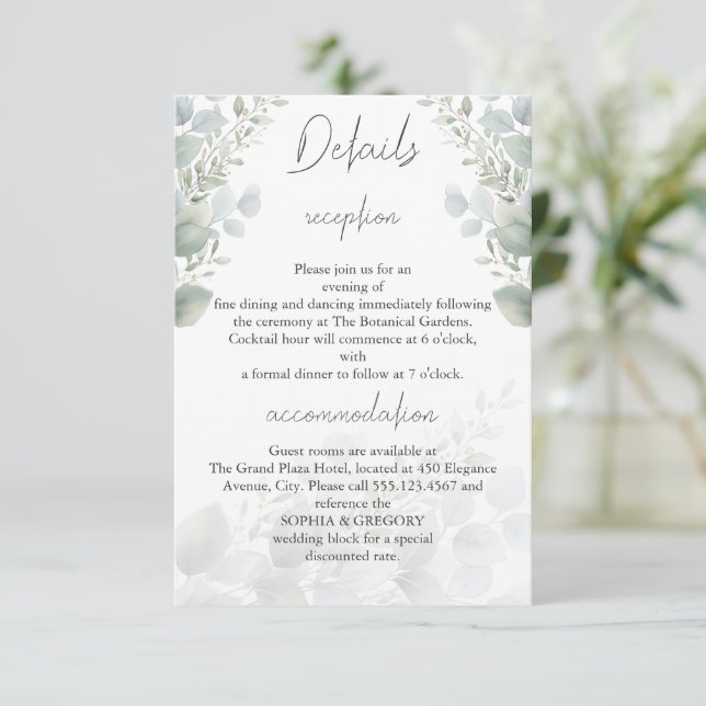 Recepción Tarjeta de Detalles de Boda con Hoja de Eucalipto  (Anverso de pie)