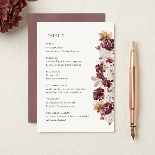 Recepción Tarjeta de detalles de boda con hortensias de Borg (Subido por el creador)