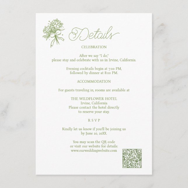 Recepción Tarjeta de Detalles de Boda con Hortensias Verde S (Anverso)