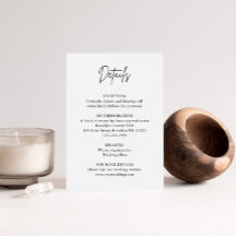 Tarjeta de detalles de boda con letra script minim